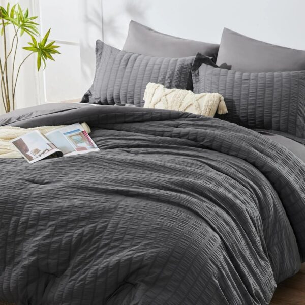 Queen Seersucker Comforter Set with Sheets Dark Grey Bed in a Bag 7-Pieces All Season Bedding Sets with Comforter, Pillow Sham, Flat Sheet, Fitted Sheet, Pillowcase