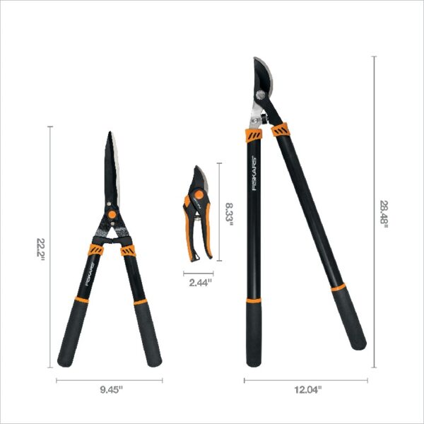 Lopper and Pruner Garden Tool 3-Piece Set with Stainless Steel Blades, Black and Orange