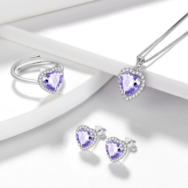 Women Heart Jewelry Set Necklace Earrings Ring 925 Sterling Silver February Birthstone Amethyst Wife Mother Birthday Valentine's Day Gift
