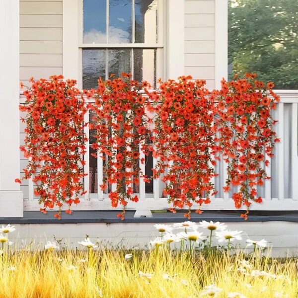 4PCS Artificial Flowers outdoor Spring Summer Decor Fake Hanging Plants UV Resistant Faux Plastic Greenery Hanging Flowers for Outside Gardens Porch Wall Home Indoor,ORANGE&YELLOW