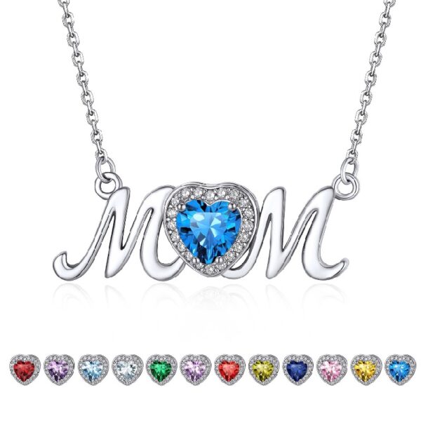 Bestyle S925 Sterling Silver Necklace for Mom Grandma Shiny CZ Heart Pendant Necklace March Created Aquamarine Birthstone Jewelry Mother's Day Gift