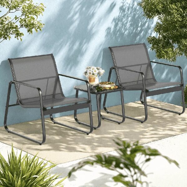 3 Pieces Patio Chairs Set with Glass-Top Coffee Table, Outdoor Bistro and Patio Furniture Set for Porch|Backyard|Balcony, Black