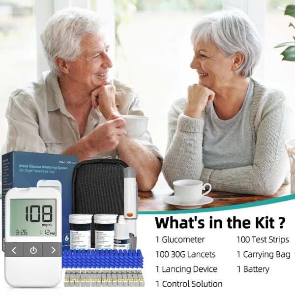 AGM-513S Blood Glucose Monitor Kit, 100 Glucometer Strips, 100 Lancets, 1 Blood Sugar Monitor, 1 Control Solution, Lancing Device and Carrying Bag, No Coding