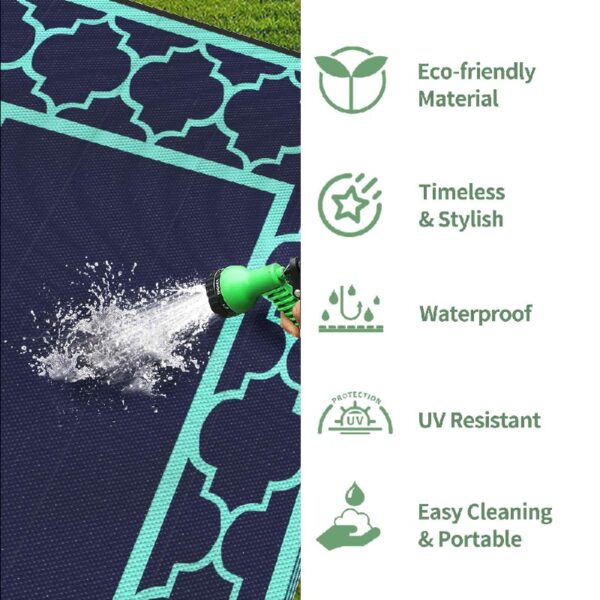 Outdoor Rugs Waterproof Plastic Straw Mat 6'x9' Reversible Patio Deck Beach Blue & White