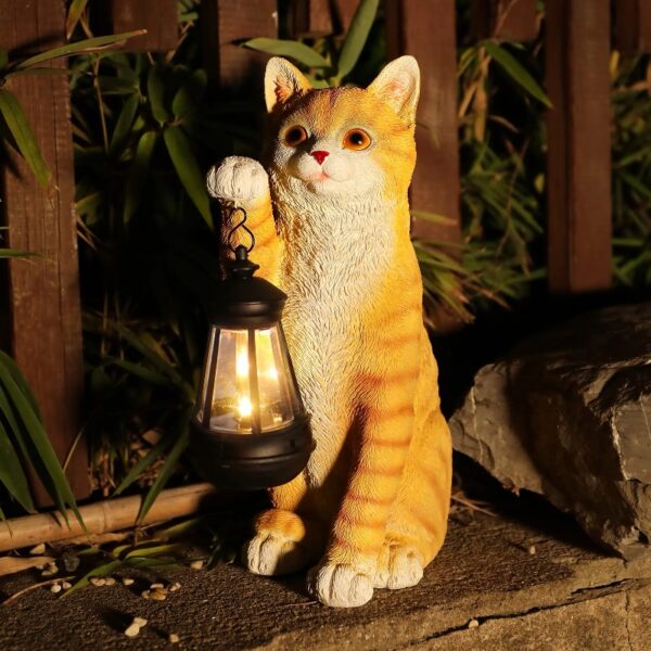Cat Statue Garden Decor with LED Lantern for Outside -Resin patio Art Gift for lover,Cat Statues for Garden,Patio,Yard Decoration