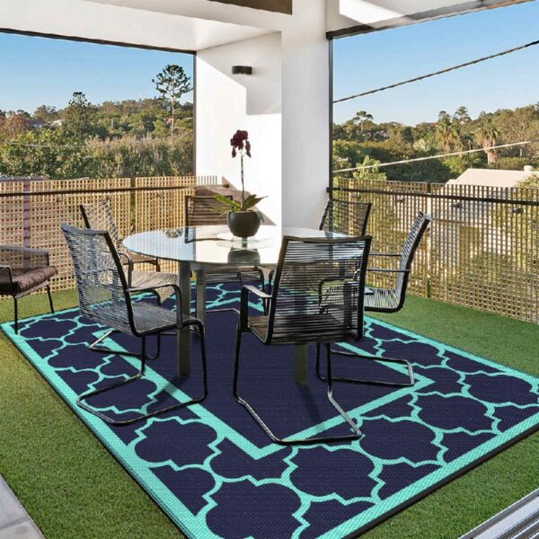 Outdoor Rugs Waterproof Plastic Straw Mat 6'x9' Reversible Patio Deck Beach Blue & White