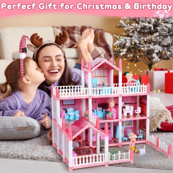 DollHouse with Colorful Light, Pretend Play Toddler Doll House Furniture Sets with 3 Dolls, 9 Rooms DIY , Creative Gift for Girls