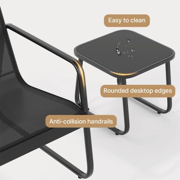 3 Pieces Patio Chairs Set with Glass-Top Coffee Table, Outdoor Bistro and Patio Furniture Set for Porch|Backyard|Balcony, Black