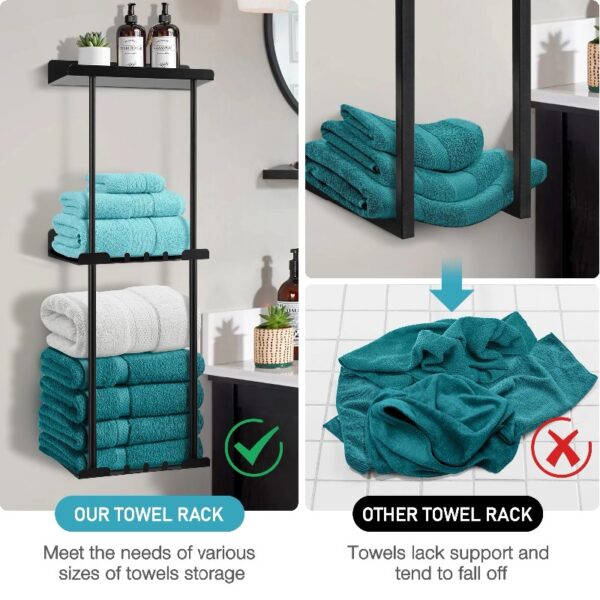 Livhil Wall Towel Rack for Rolled Towels, New Upgrade Towel Racks for Bathroom Wall Mounted, Bathroom Bar Towel Storage, Metal Bath Towel Holder for Folded Large Towel Washcloths, Black