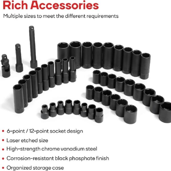 Mechanic Tool Kit, Drive Socket Set, 46 Pieces, with 72 Teeth Reversible Ratchet, Metric/SAE