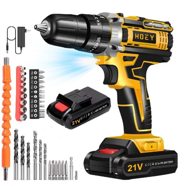 21V Cordless Drill Set, Electric Power Drill 34Pcs with 3/8 Inch Keyless Chuck, 25+3 Clutch Compact Driver Drill with Work Light, Max torque 45Nm, 2-Variable Speed & Battery and Fast Charger