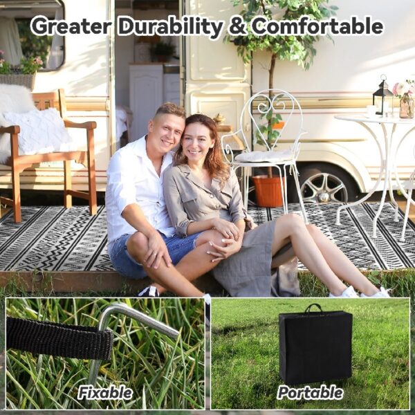 Outdoor Rug 6'x9' Waterproof Reversible Patio Rug Boho Geometric Indoor Outdoor Rugs Lightweight Plastic Straw Ourdoor Carpet for RV Camping Deck Balcony Modern Porch Decor Black and White