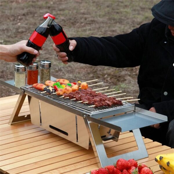 Stainless Steel Portable BBQ Grill,Outdoor Cooking Equipment,Compact Foldable Barbecue Grill for Camping,Picnics,Backyard,for 3-6 People,Lightweight and Durable,Insulated Handles