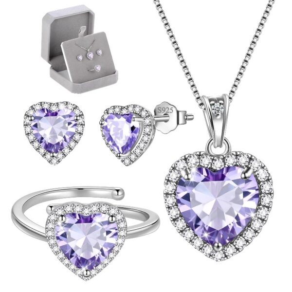 Women Heart Jewelry Set Necklace Earrings Ring 925 Sterling Silver February Birthstone Amethyst Wife Mother Birthday Valentine's Day Gift