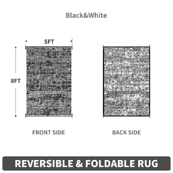 Outdoor Rugs 5' x 8' Rug, Waterproof Patio Mat, Stylish Plastic Straw Reversible Area Rug for Picnic RV Camping Porch Balcony, Black and White