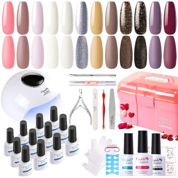 Candy Lover Gel Nail Polish Kit with UV LED Lamp, 12 Colors Cute Lady Gel Polish Starter Kit, All-in-One Quick Dry Soak Off Nail Gel Manicure Kit with DIY Tools Valentine Gift for Women