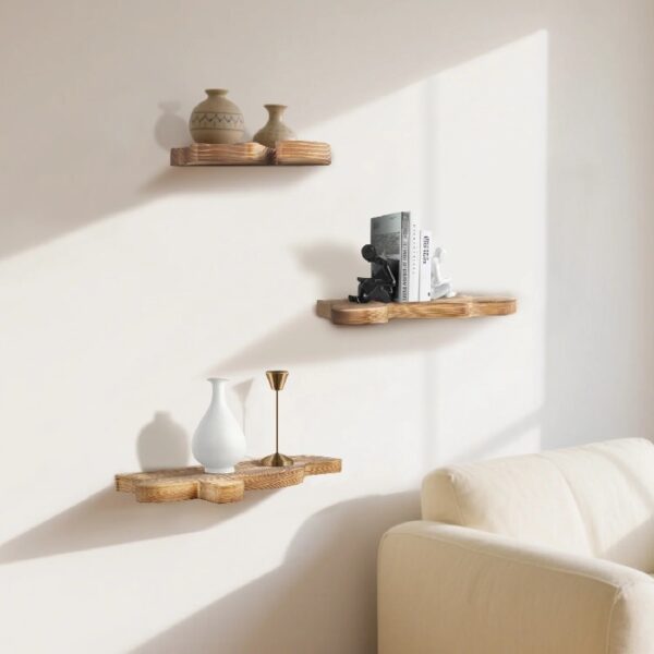 Set of 3 Live Edge Wooden Floating Shelves, Farmhouse Vintage Wall Shelf Display Decor for Living Room, Bathroom, Bedroom, Brown