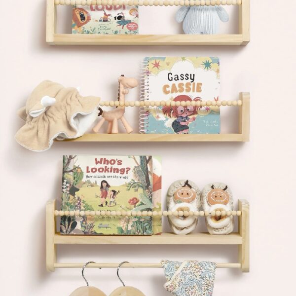 Nursery Floating Shelves for Wall Set of 3 16in, Kids Bookshelf Toy Storage Organizer Natural Wood Shelves Wall Mounted for Kids Room, Bedroom and Kitchen