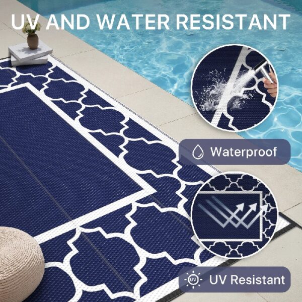 Outdoor Rugs Waterproof Plastic Straw Mat 6'x9' Reversible Patio Deck Beach Blue & White