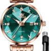 Women Watch Fashion Rose Gold Diamond Analog Quartz Female Watch for Women Luxury Dress Ladies Stainless Steel Luminous Waterproof Date Wrist Watches Green Dial