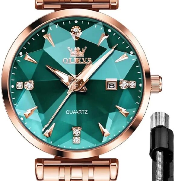 Women Watch Fashion Rose Gold Diamond Analog Quartz Female Watch for Women Luxury Dress Ladies Stainless Steel Luminous Waterproof Date Wrist Watches Green Dial
