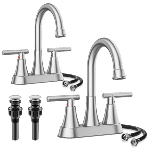 Bathroom Faucets 4 Inch Matte Black Bathroom Sink Faucet, Stainless Steel Lead-Free 2-Handle Centerset Faucet with Pop-up Drain and 2 Supply Hoses Fits 2 or 3-hole Sink
