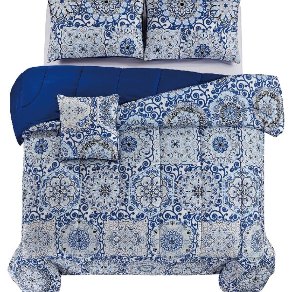 Lux Decor Collection 5 Piece Queen Down Alternative Comforter Set, Washable Duvet Bedding Set - Quatrefoil Navy