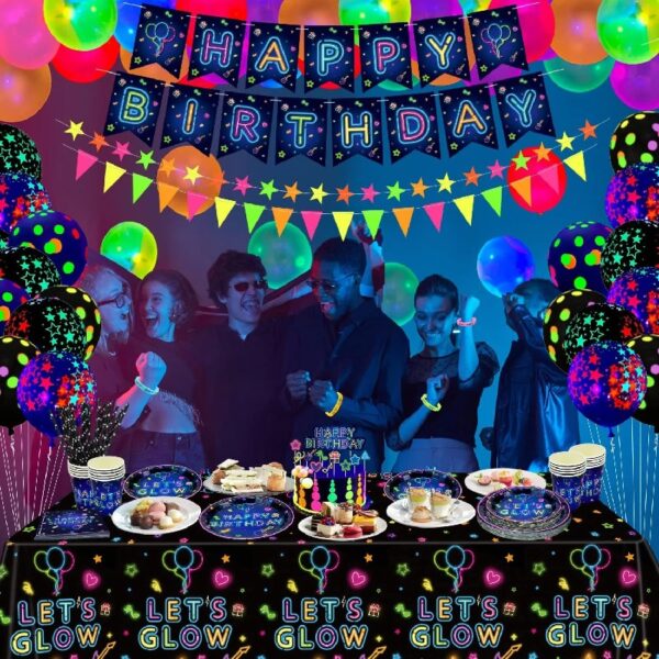 SKYSONIC 241 PCS Glow Neon Party Supplies Set Including Neon Glow Tableware, Neon Balloons, Glow in The Dark Birthday Banner, Hanging Stars, and Cake Toppers for Party Decoration Serving 20 (Glow
