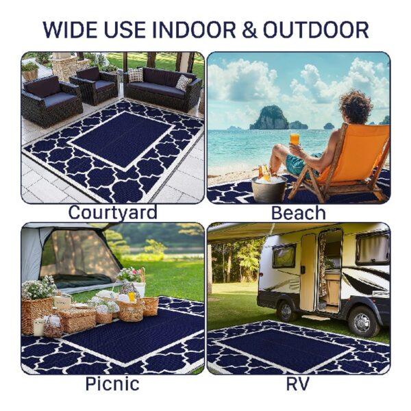 Outdoor Rugs Waterproof Plastic Straw Mat 6'x9' Reversible Patio Deck Beach Blue & White