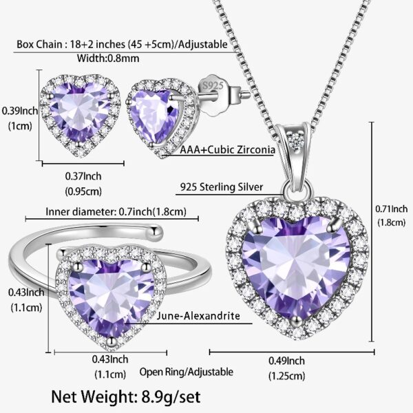 Women Heart Jewelry Set Necklace Earrings Ring 925 Sterling Silver February Birthstone Amethyst Wife Mother Birthday Valentine's Day Gift