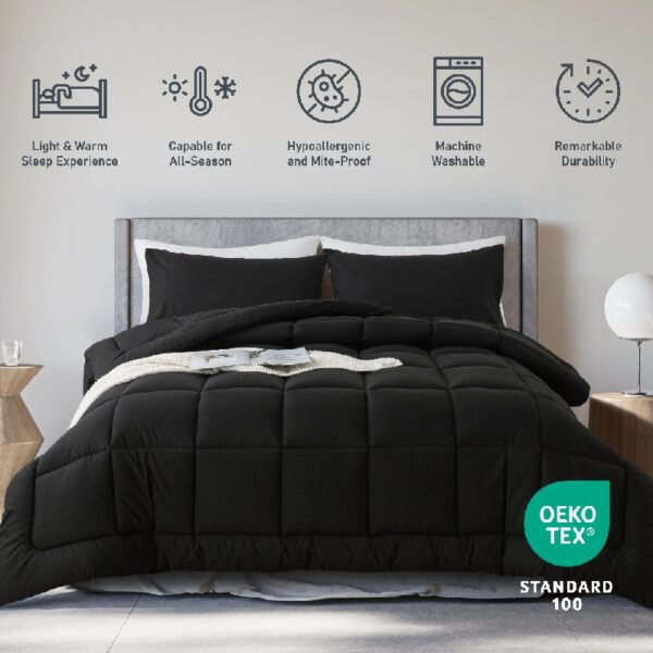 Queen Size 3-Piece All-Season Down Alternative Comforter Set Deep Black | Comforter + Pillow Cases Bedding Set | Hotel Grade Bed in a Bag by