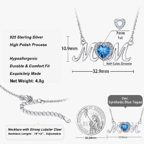 Bestyle S925 Sterling Silver Necklace for Mom Grandma Shiny CZ Heart Pendant Necklace March Created Aquamarine Birthstone Jewelry Mother's Day Gift