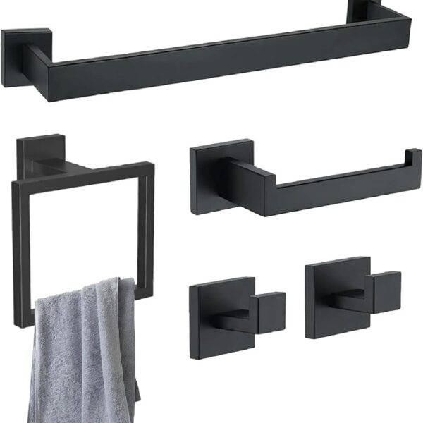 5-Piece Matte Black Bathroom Hardware Set - 304 Stainless Steel Bathroom Towel Holder Set