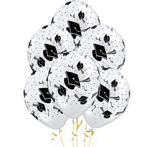 PMU Graduation Balloons 11 Inch PartyTex Premium Emerald Green with All-Over Print White Grad Caps-Confetti and Streamers Pkg/100