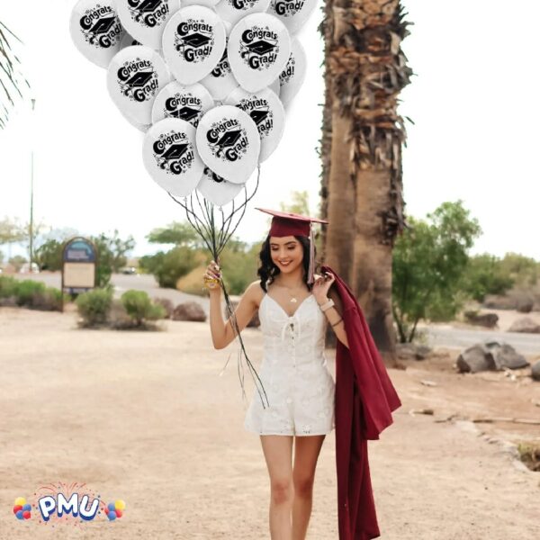 PMU Graduation Balloons 11 Inch PartyTex Premium Emerald Green with All-Over Print White Grad Caps-Confetti and Streamers Pkg/100