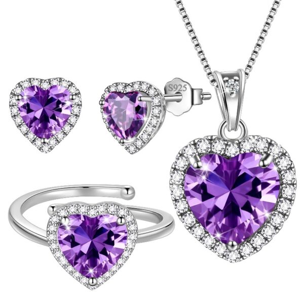 Women Heart Jewelry Set Necklace Earrings Ring 925 Sterling Silver February Birthstone Amethyst Wife Mother Birthday Valentine's Day Gift