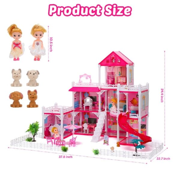 DollHouse with Colorful Light, Pretend Play Toddler Doll House Furniture Sets with 3 Dolls, 9 Rooms DIY , Creative Gift for Girls