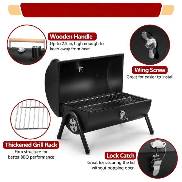 Tabletop Charcoal Grill with Thermometer & Chimney, Small Portable Barbecue Grill for Outdoor Cooking Camping Picnic Backyard Beach - Black