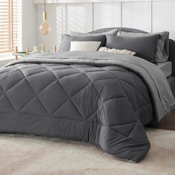 Light Purple Queen Comforter Set - 7 Pieces Reversible Queen Bed in a Bag, Queen Bed Set Light Purple and Grey with Comforters, Sheets, Pillowcases & Shams