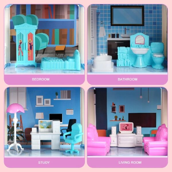 DollHouse with Colorful Light, Pretend Play Toddler Doll House Furniture Sets with 3 Dolls, 9 Rooms DIY , Creative Gift for Girls