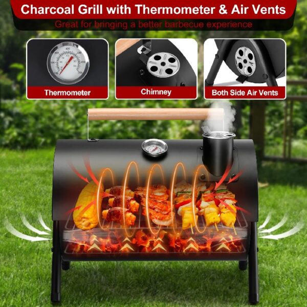 Tabletop Charcoal Grill with Thermometer & Chimney, Small Portable Barbecue Grill for Outdoor Cooking Camping Picnic Backyard Beach - Black