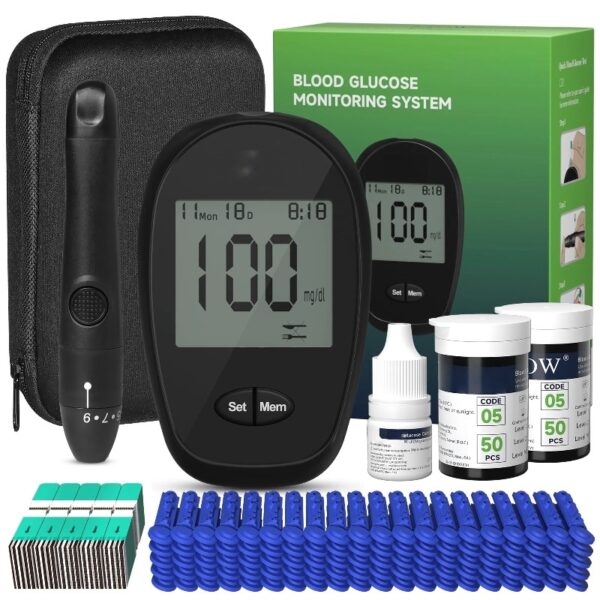 Blood Glucose Monitor Kit, 100 Glucometer Strips, 100 Lancets, 1 Blood Sugar Monitor, 1 Control Solution, Lancing Device and Carrying Bag