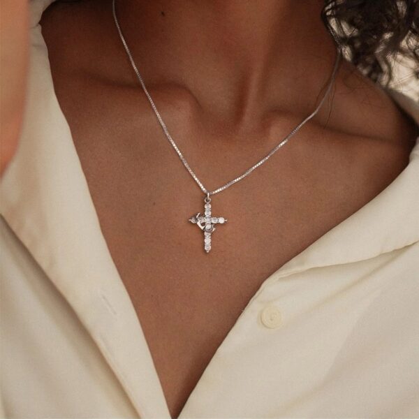 925 Sterling Silver Crown Cross Necklace for Women Teens, Dainty Cubic Zirconia Pendant Simple Faith Cross Jewelry Necklace
