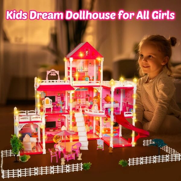 DollHouse with Colorful Light, Pretend Play Toddler Doll House Furniture Sets with 3 Dolls, 9 Rooms DIY , Creative Gift for Girls