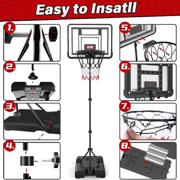 2-in-1 Kid Basketball Hoop with LED Lights & Scoreboard & 3 Balls, Toddler Basketball Hoop Adjustable Height 5.1ft-6.2ft, Basketball Toy Gifts for Boys & Girls