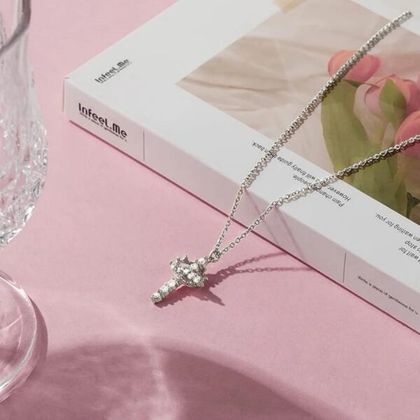 925 Sterling Silver Crown Cross Necklace for Women Teens, Dainty Cubic Zirconia Pendant Simple Faith Cross Jewelry Necklace