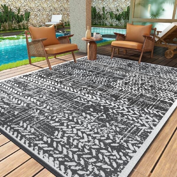 Outdoor Rugs 5' x 8' Rug, Waterproof Patio Mat, Stylish Plastic Straw Reversible Area Rug for Picnic RV Camping Porch Balcony, Black and White