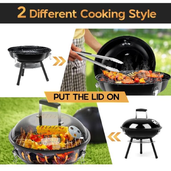 14 inch Portable Charcoal Grill, Lightweight Enamel Coated Coal Kettle Smoker with 3-Point Locking Lid 2 Grilling Racks Dual Venting System, Tabletop Barbecue Oven for Outdoo