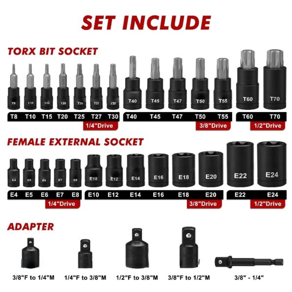 32-Piece Torx Bit Socket and Female External Socket Set, 14 Star Bits (T8- T70) and 13 Female E-Torx Sockets (E4-E24), Include 5 Impact Socket Adapter