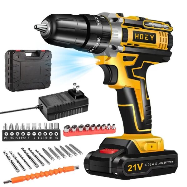 21V Cordless Drill Set, Electric Power Drill 34Pcs with 3/8 Inch Keyless Chuck, 25+3 Clutch Compact Driver Drill with Work Light, Max torque 45Nm, 2-Variable Speed & Battery and Fast Charger